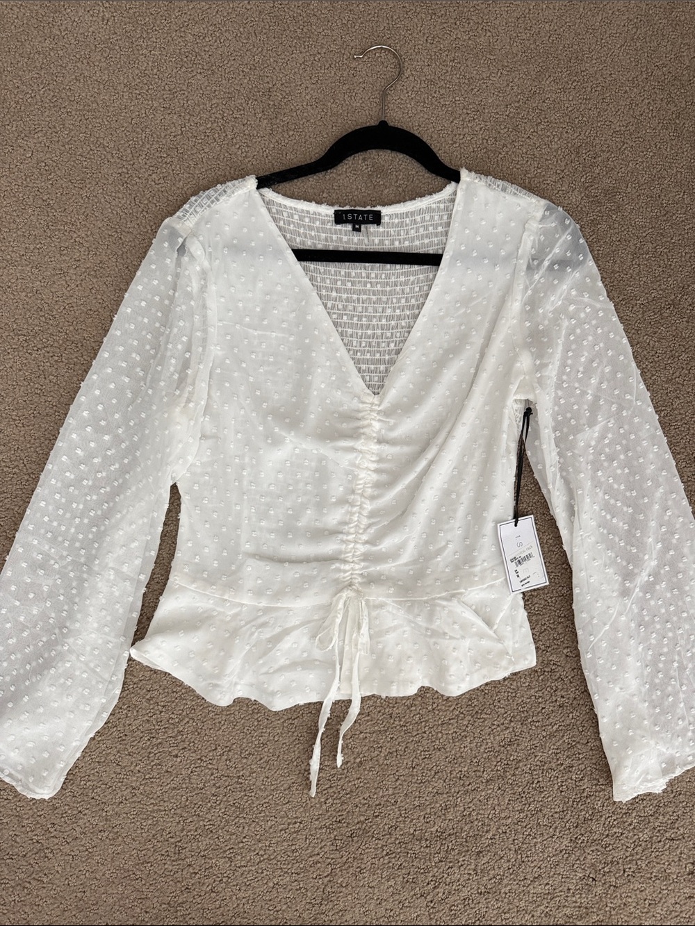 1. State Ivory Swiss Dot Drawstring V-Neck Long Sleeve Blouse